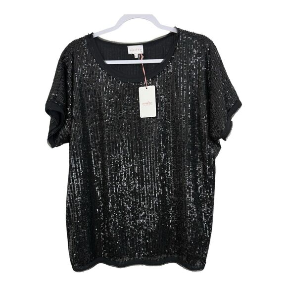 Entro Black Sequin Party Blouse Top Size Large Short Sleeves Relaxed Fit - Picture 1 of 7